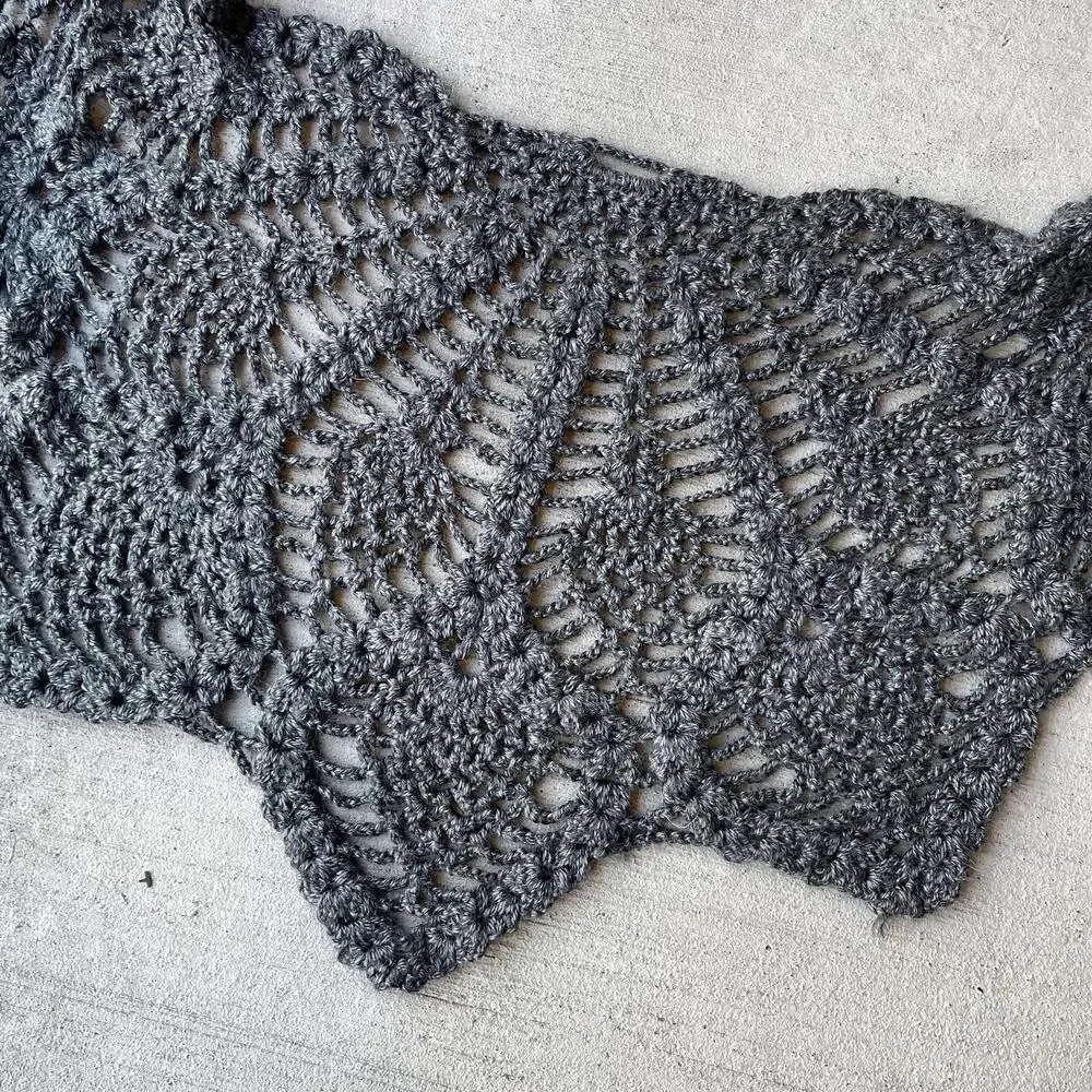 y2k vintage dark grey crochet shawl scarf fairy whimsy boho dainty whimsigoth